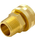 Close-up of Three Pack Brass Garden Hose Swivel Adapters Three Quarter Inch GHT Female To One Half Inch NPT Male Outdoor Water Hose Fittings