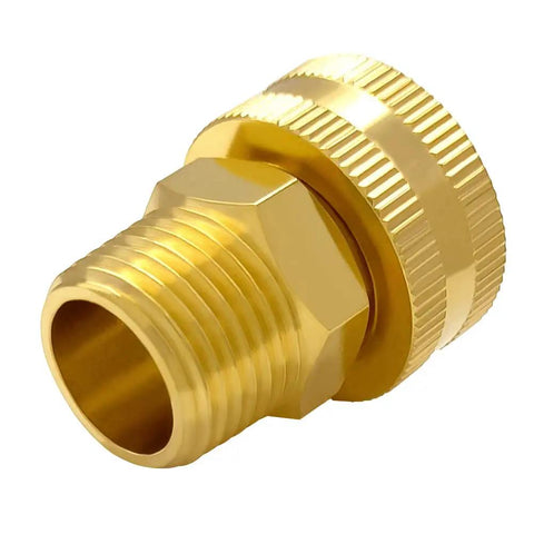 Close-up of Three Pack Brass Garden Hose Swivel Adapters Three Quarter Inch GHT Female To One Half Inch NPT Male Outdoor Water Hose Fittings
