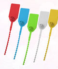 50 Self Locking Cable Ties With White Label Boards For Straight Up Cord Management No Sweat Wire Organizer Bundle Wrap Top Shelf Heavy Duty Nylon Fastener Alternative in red, blue, green, white, and yellow.