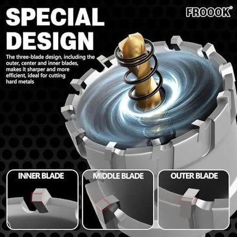 Front view of FROOOK 22-piece carbide hole saw kit for metal with titanium pilot and 3 L-wrenches
