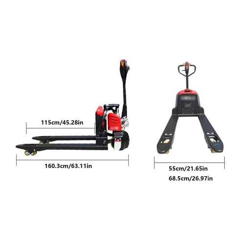 Heavy Duty Electric Pallet Jack Truck With Lithium Battery For Indoor Moves Features 3300 Lb Capacity And Compact 68.5cm Width shown side profile dimensions.