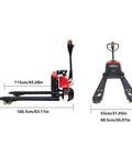 Top Tier Electric Pallet Jack Truck With Sweet Lithium Battery For Heavy Lifting Up To 3300 Lbs In Warehouses And Shops, dimensions and features shown.