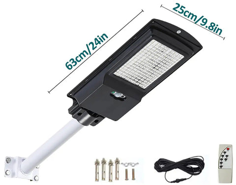 JUDYSSY 360W Solar Street Lights Outdoor with a 24in height, 9.8in width, motion sensor, and remote for security in yards.