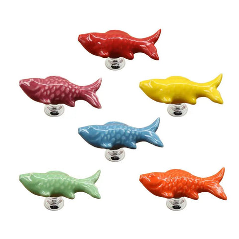 Fresh Ceramic Fish Drawer Knobs Set of 6 Sweet Pull Handles for Nursery Decor and Cabinet Hardware Upgrade colorful fish-shaped knobs in various hues.