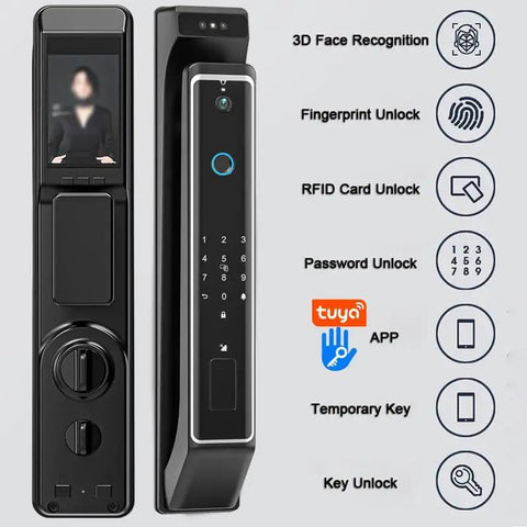 Heavy Duty Smart Door Lock With Fingerprint Scanner And Video Intercom Visual Monitor with display and unlock options.