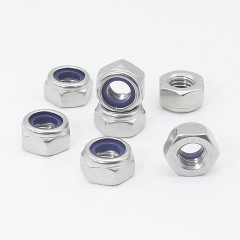 Built Tough And Top Shelf Quality M8 X 1.25mm Nylon Insert Lock Nuts Crafted From Durable 304 Stainless Steel close-up view of self locking nylock hex nuts