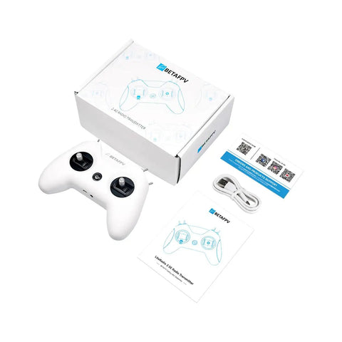 FrSky D16 LiteRadio 2 SE Transmitter For FPV Drones, USB C Charging, box, manual, cable, and remote controller displayed