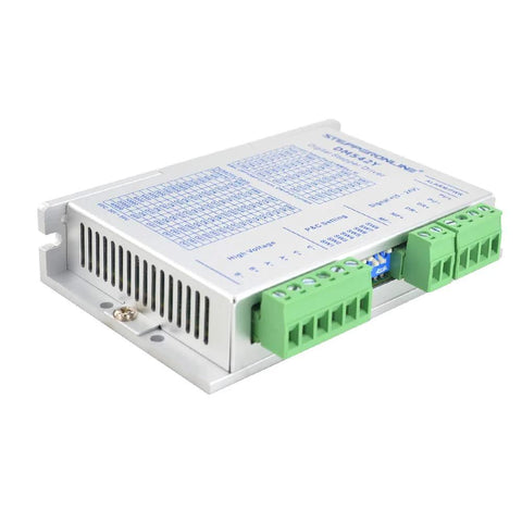 Amazon stepper motor driver side view with green terminals, 20–50VDC, 1.0–4.2A for Nema17/23/24