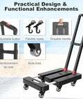 Front view of folding hand truck cart, black and red, with telescoping handle, wheels, and elastic ropes