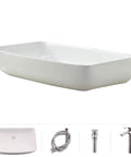 All In One White Ceramic Vessel Sink And Brushed Nickel Faucet Combo For Bathroom Vanity, rectangular porcelain sink view