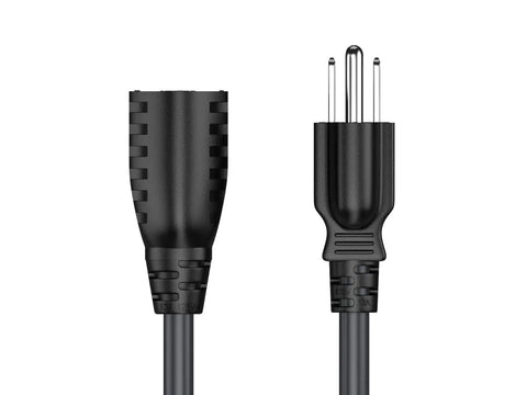 Two Foot Extension Power Cord NEMA 5 15P To NEMA 5 15R Three Prong 16 AWG Heavy Duty Black AC Cable close-up view showing plugs