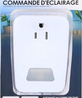 Packaging of Plug In Motion Activated Light Control That Turns On When You Step In 100 Degree Radius 25 Foot Detection