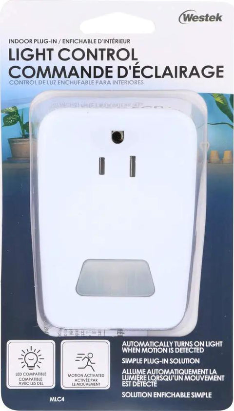 Packaging of Plug In Motion Activated Light Control That Turns On When You Step In 100 Degree Radius 25 Foot Detection
