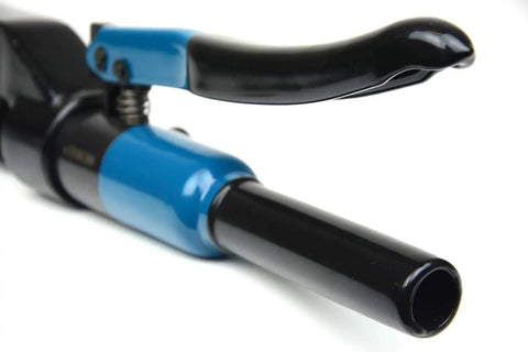Close-up of blue handle on Hydraulic Lug Crimper Tool Dieless Indent For Battery Terminals Beefy Heavy Duty Crimps 10 AWG