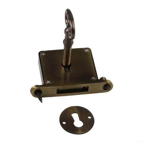 Vintage Brass Drawer Lock With Key For Cabinets And Desks showing gold bronze finish and keyhole plate.