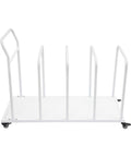 Heavy Duty Rolling Carton Stand With Adjustable Divider Slots And Smooth Lockable Wheels Solid Iron Flatbed Storage Cart White side view showcasing divider slots.