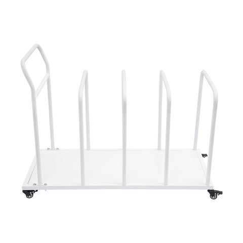 Heavy Duty Rolling Carton Stand With Adjustable Divider Slots And Smooth Lockable Wheels Solid Iron Flatbed Storage Cart White side view showcasing divider slots.