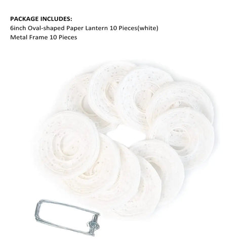 Ten Pack White Paper Lanterns 6.3 Inch Oval Hollow Hanging Lanterns for decor, metal frames included in packaging.