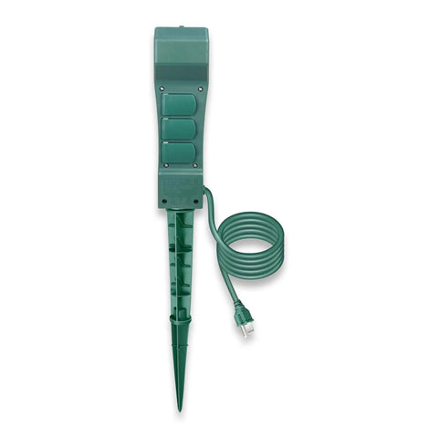 Slick Heavy Duty Outdoor Power Stake With Light Sensor Timer Set To Two Four Six Or Eight Hours Powers On At Dusk To Dawn with 6ft cord.