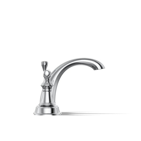 Side view of Devonshire Centerset Bathroom Faucet 4-Inch 2-Handle With Pop-Up Drain, 1.2 GPM, 3-Hole Installation, Polished Chrome.
