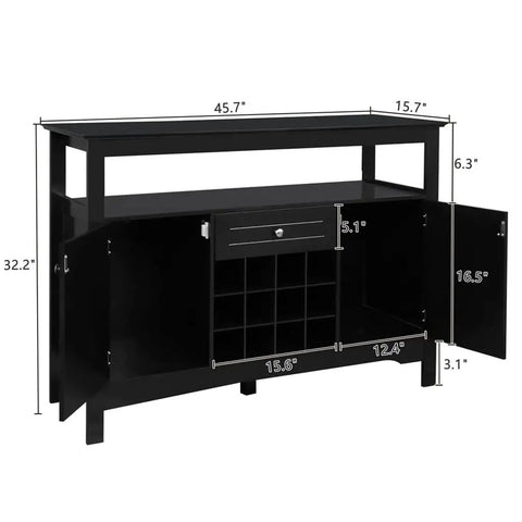 Modern Black Sideboard Cabinet Featuring Built In Wine Rack And Two Doors Plus One Drawer Slick Buffet Server with measurements.