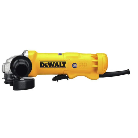 Angle Grinder Four And A Half Inch, Eleven Amp, Eleven Thousand rpm, No Lock On Paddle Switch, Dust Ejection System side view.