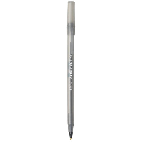 Single BIC Round Stic M black ballpoint pen, ideal for smooth writing with clear grip for school and office use. 60 Count Round Stic Xtra Life Black Ballpoint Pens Deliver Top Shelf Writing With Smooth Gliding Ink That Locks Far Longer Than Regular Pens Great For School And Office Grind Where You Need Ironclad Gear To Ace Exams Plus Work Without Missing A Step.