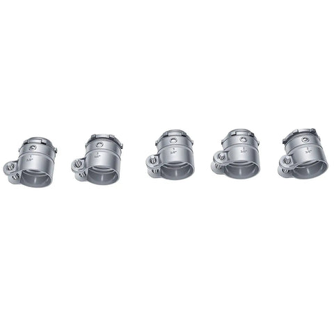 Top Shelf Twenty Pack Of 3/4 Inch Zinc Alloy Squeeze Connector Conduit Fittings in a row for flexible wiring applications.