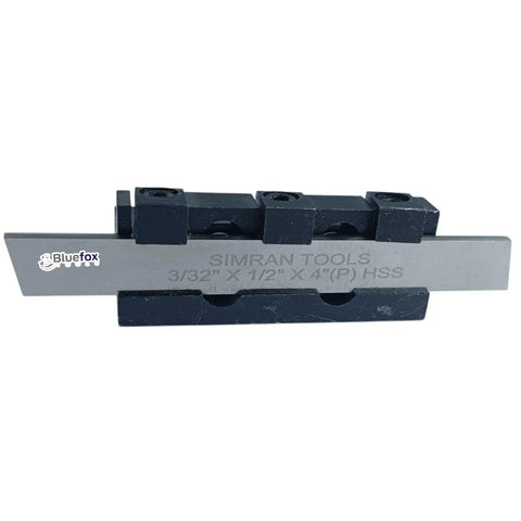 Heavy Duty 8mm Adjustable Lathe Parting Cut Off Tool Holder With 3/32 Inch X 1/2 Inch HSS Blade For Mini Bench Lathes Front Rear Compatible Precision Cutting, showing HSS blade in holder