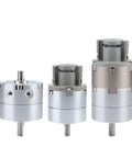 Slick And Heavy Duty Single Blade Rotating Cylinder Paired With A Top Tier Pneumatic Rotary Actuator Built Different For Demanding Shop Work Delivering Legit Air Powered Precision And Rapid 40 To 90 Second Operation Cycles, showcasing three different sizes of pneumatic rotary actuators.