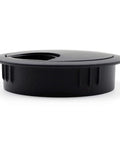 Two Pack Desk Grommet For Wire Organization In Flat Black Fits Two Inch Hole Zinc Metal Two And Three Eighths Inch Outer Diameter With Removable Lids For Quick And Easy Install And Keeps Cables Neat For Clean Cable Management, side view
