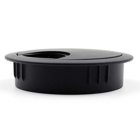 Two Pack Desk Grommet For Wire Organization In Flat Black Fits Two Inch Hole Zinc Metal Two And Three Eighths Inch Outer Diameter With Removable Lids For Quick And Easy Install And Keeps Cables Neat For Clean Cable Management, side view