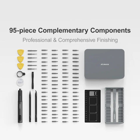 95 In 1 Mini Electric Screwdriver Kit With Rechargeable Cordless Power Handy Pocket Tool Featuring LED Display And 86 Standard Heads product layout.