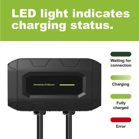 Level Two Ev Charger With 32 Amp 240 Volt Wallbox And 18 Foot Cord Sae J1772 Plug showing LED lights indicating charging status.
