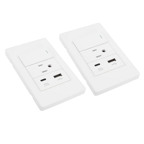 Heavy Duty Dual Wall Plate With Single Toggle 15 Amp Three Prong Receptacle Paired With Ten Watt Usb Charger Built To Survive The Daily Grind Ul Verified Heat Guard White, showing dual USB charging ports.
