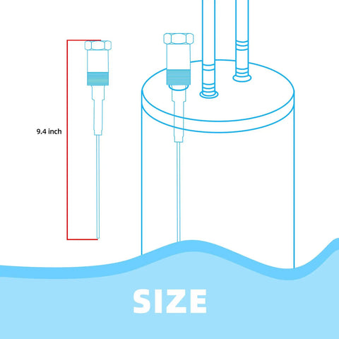Illustration showing size of Electric Anode Rod For Water Heaters That Zaps Rotten Egg Odor; length is 9.4 inches