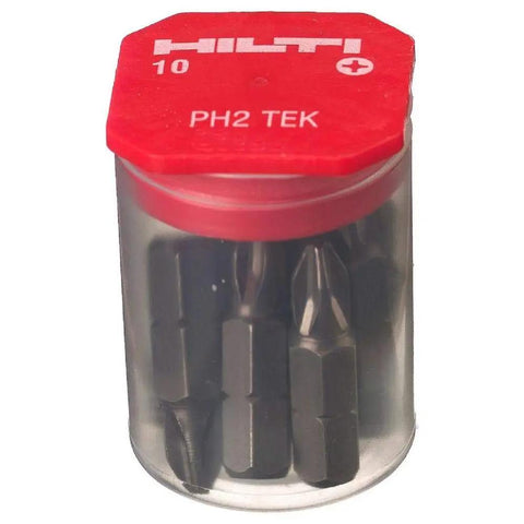 PHL 2 TEK Insert Bit With One Quarter Inch Hex Shank And One Inch Length Pack Of 10 PN 2039032 in transparent container