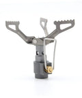 Ultra Lightweight Titanium Gas Stove For On The Go Camping And Picnics showing compact titanium burner with foldable arms