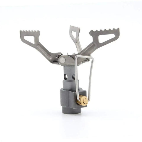 Ultra Lightweight Titanium Gas Stove For On The Go Camping And Picnics showing compact titanium burner with foldable arms