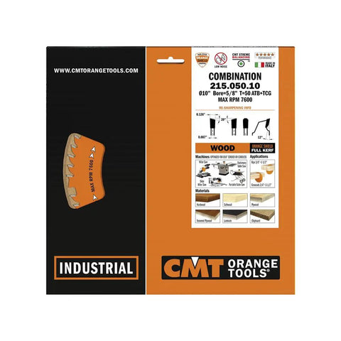 Top Shelf Premium 10 Inch Combination Saw Blade With Fifty Teeth And Five Eighths Inch Arbor Laser Cut Steel, packaged and labeled.