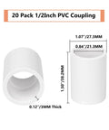 20 Pack One Half Inch PVC Pipe Coupling Socket To Socket Fittings For Center Connections, showing dimensions and thickness.