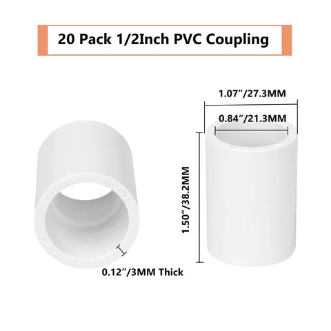 20 Pack One Half Inch PVC Pipe Coupling Socket To Socket Fittings For Center Connections, showing dimensions and thickness.