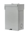 60 Amp Outdoor Circuit Breaker Box With 2 Spaces And 4 Circuits, 120/240V Single Phase 3 Wire, Solid Neutral, Gray Enamel Finish, CSA UL Listed, NEC Compliant, 9.5 Inch By 6 Inch By 5 Inch Box, front view