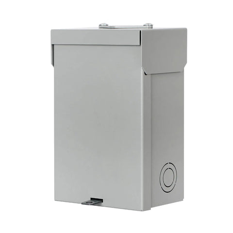 60 Amp Outdoor Circuit Breaker Box With 2 Spaces And 4 Circuits, 120/240V Single Phase 3 Wire, Solid Neutral, Gray Enamel Finish, CSA UL Listed, NEC Compliant, 9.5 Inch By 6 Inch By 5 Inch Box, front view