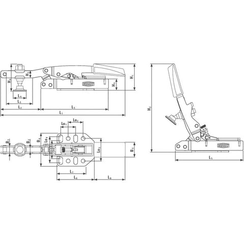 STC HH50 Toggle Clamp Open Arm 40 Mm Grey Red Beefy Workhorse Adjustable Clamp Up To 2500 Newtons For Milling Or Fabrication With Horizontal Base Plate For Secure Woodworking And Metalworking Projects, technical dimension drawing