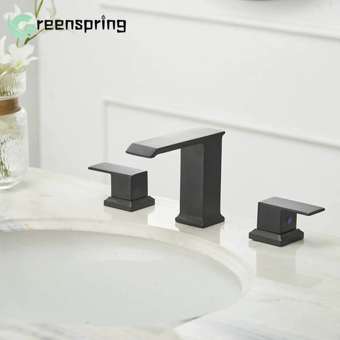 Widespread Matte Black Bathroom Faucet With Drain Assembly, Two Handle Three Hole Sink Tap Featuring A Smooth Waterfall Spout
