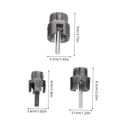 Three heavy duty pipe threading heads for PVC and metal pipes, varying sizes, compatible with electric drill for plumbing projects.