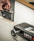 Pro Grade Lock Jig Kit For Routing Face Plate Recess And Mortise in use on door, showcasing mortise installation