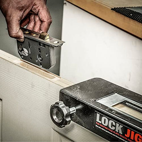 Pro Grade Lock Jig Kit For Routing Face Plate Recess And Mortise in use on door, showcasing mortise installation