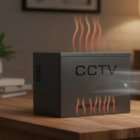 Heavy Hitter Black Lockable Steel Security Camera Box Crafted From Dust Proof Metal Housing For Cctv Outdoor Wiring Equipment Storage Universal Fit, shown on wooden surface.